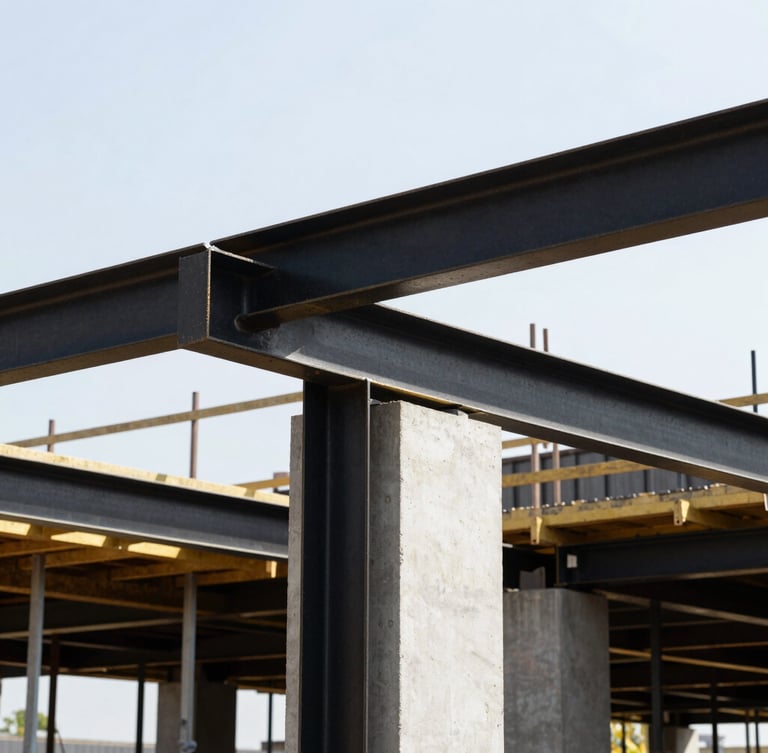 Sharp architectural photography of raw steel beams and concrete structural framing on a modern residential build site, clean and organized, high-contrast natural daylight, 35mm