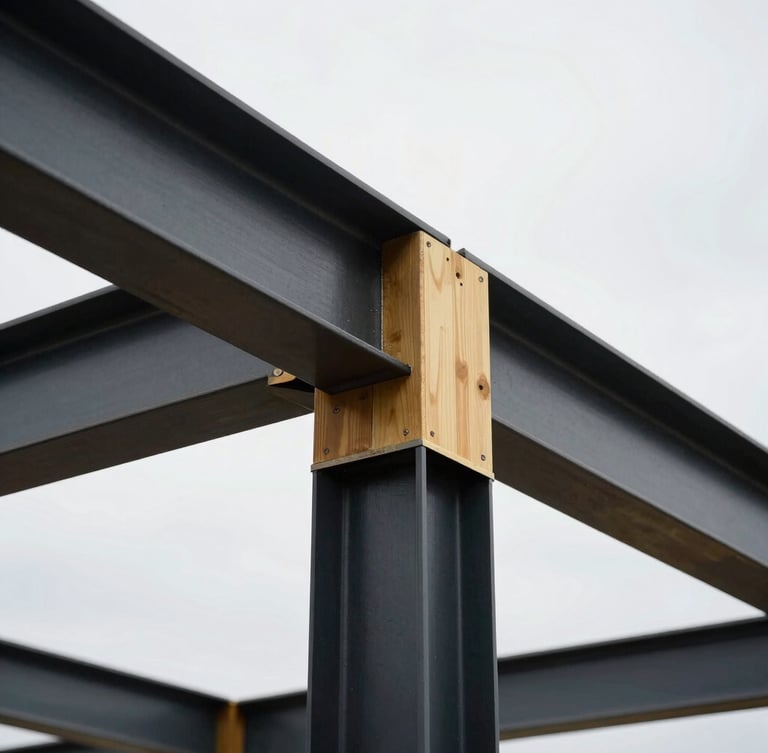 Close-up of raw building materials, clean structural steel framing and premium timber joints under bright overcast sky, high-contrast architectural photography, 35mm