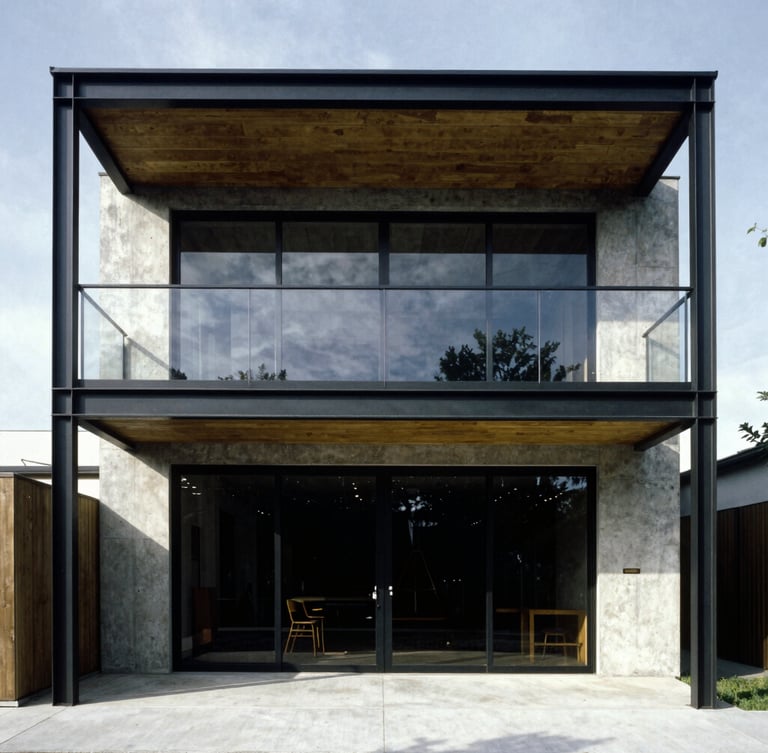 Straight-on architectural elevation of a modern steel and concrete extension, sharp shadows, high-contrast daylight, 35mm