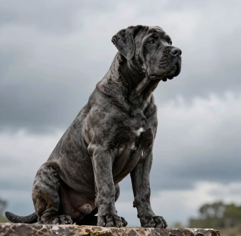 Low-angle heroic profile of a noble charcoal Cane Corso puppy sitting alert on a stone ledge, dramatic overcast lighting, rich texture.