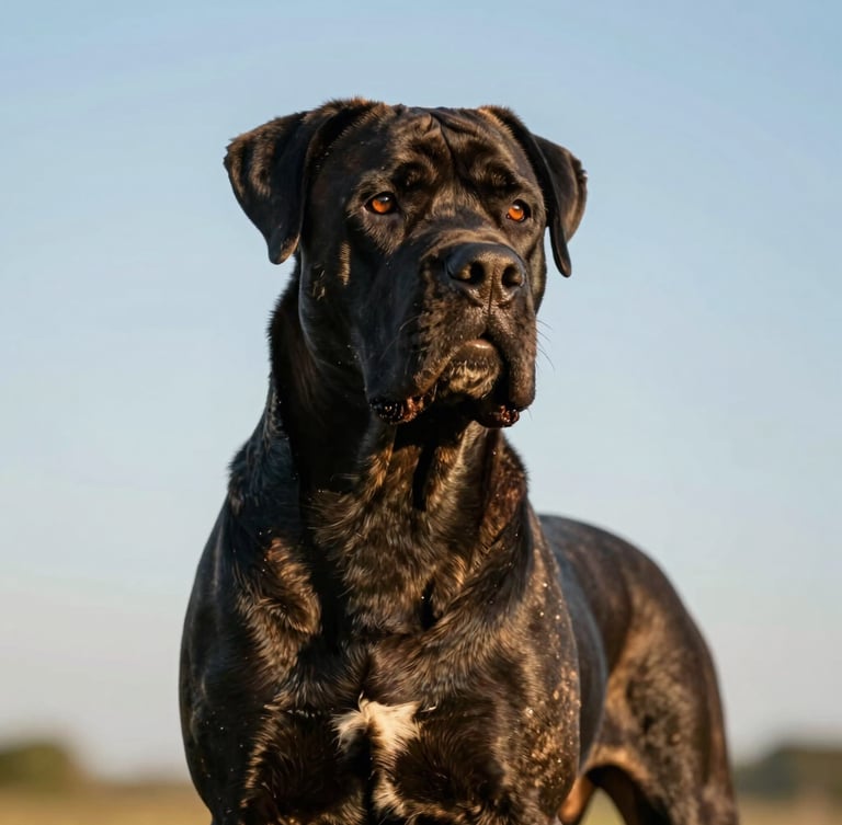 Heroic profile of a mature black Cane Corso standing alert in low-angle golden hour light, muscular chest defined, natural ears, intense intelligent gaze.