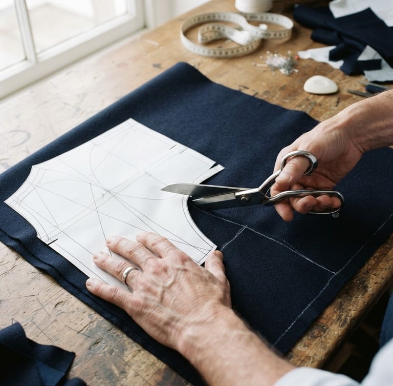 Overhead shot of a tailor's hands precisely cutting a pattern on dark navy fabric, sharp shears, bright studio light, geometric lines.