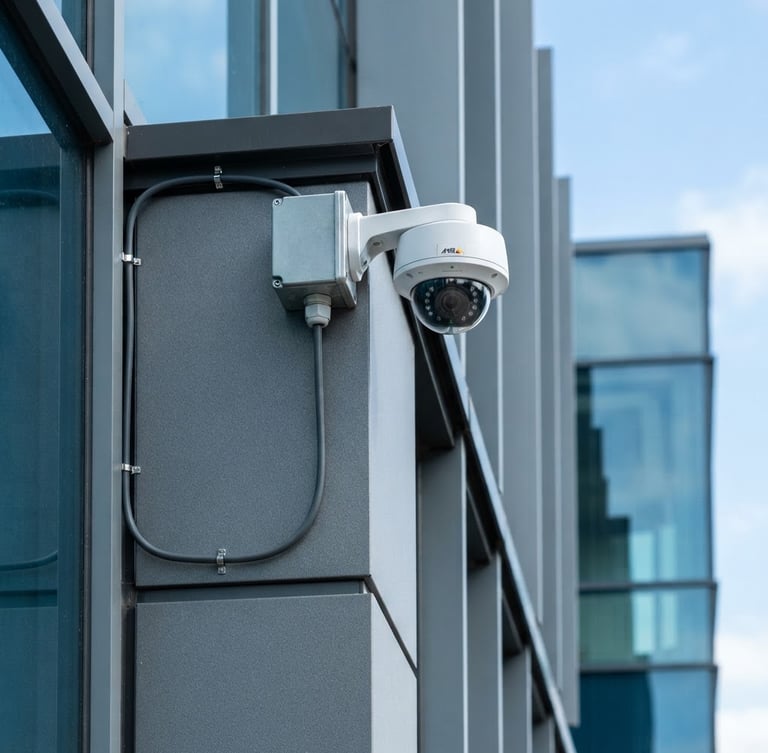 Sharp, close-up technical photograph of a neatly routed IP camera installation on a commercial building facade, bright natural daylight, high-contrast cool tones, crisp architectural framing, 35mm lens, no text.