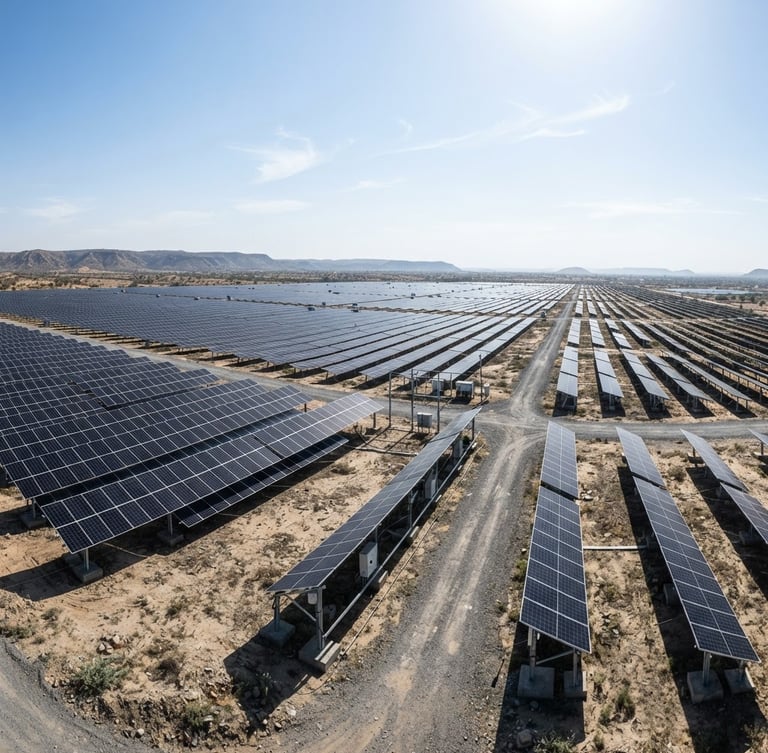 Wide panoramic view of a large commercial solar array under bright Rajasthan desert sun, clean lines, crisp architectural framing, no people, high-contrast cool tones, 35mm lens.