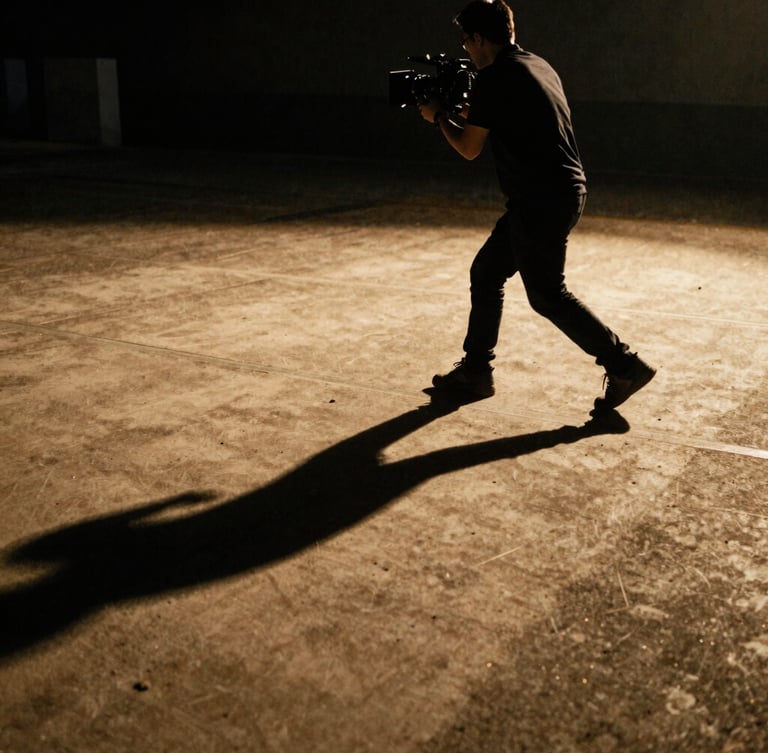 Dynamic low angle production still, warm tungsten lighting casting deep shadows on a camera operator tracking a scene, gritty 35mm grain, shallow depth of field.