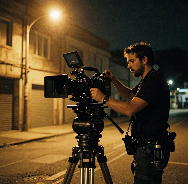 Low-angle cinematic shot of a director adjusting a camera rig on a gritty urban street at night, warm tungsten glow from streetlights, deep shadows, visible 35mm film grain.