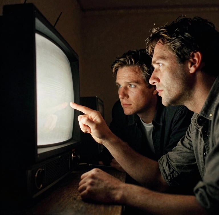 Dynamic low angle, high-contrast cinematic lighting on a gritty television set in motion, directors looking at a monitor under warm tungsten glow, 35mm grain.