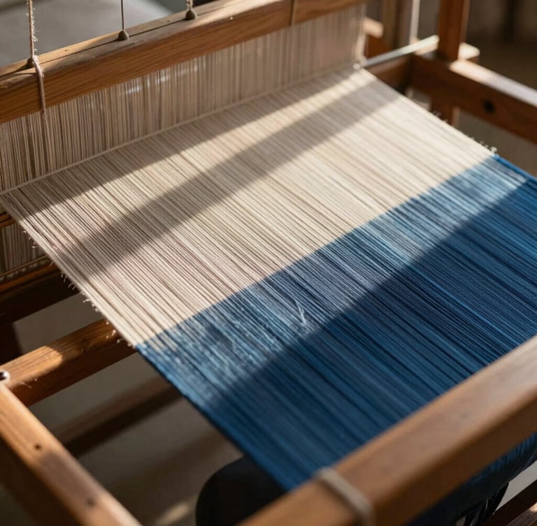 Close-up of handloom weaving process, raw cotton threads on a wooden loom, warm natural light, high contrast shadows