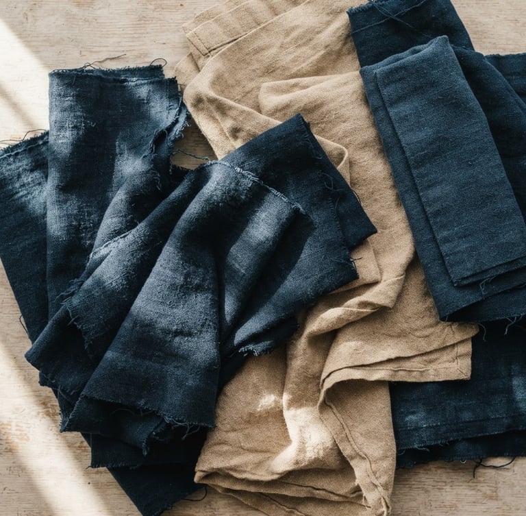 Overhead flat-lay of folded raw indigo cotton and warm sand linen swatches, soft morning daylight, high-contrast shadows, macro textile photography, 35mm