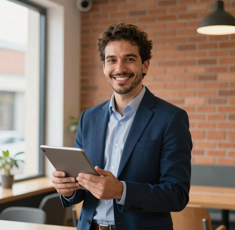 A professional Colombian financial advisor in a bright Medellín co-working space, holding a tablet and smiling warmly, terracotta brick wall in the soft-focus background, natural window light, 35mm.