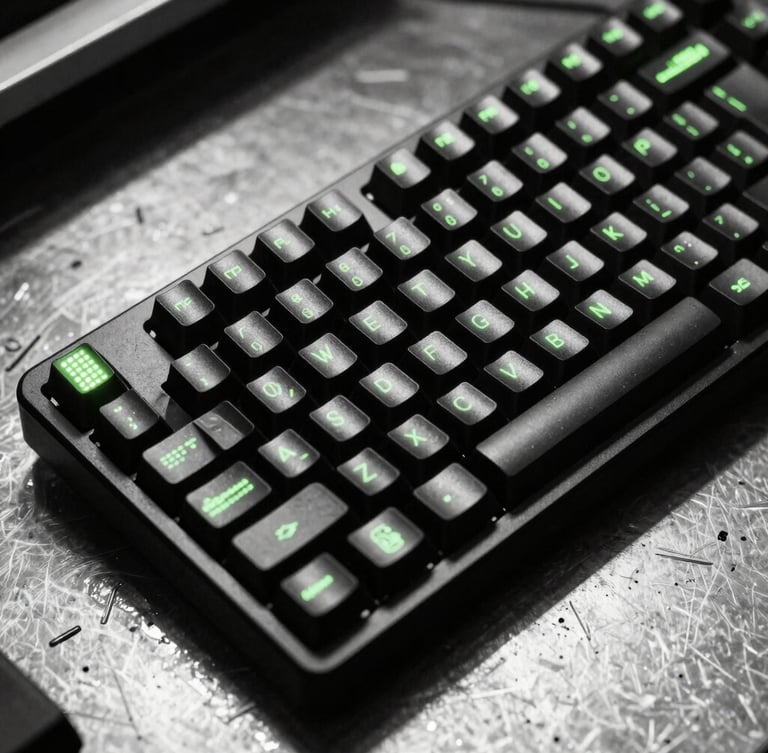 Macro shot of a mechanical keyboard on a messy metal desk, harsh direct flash, high contrast black and white, neon green terminal glow on keycaps.