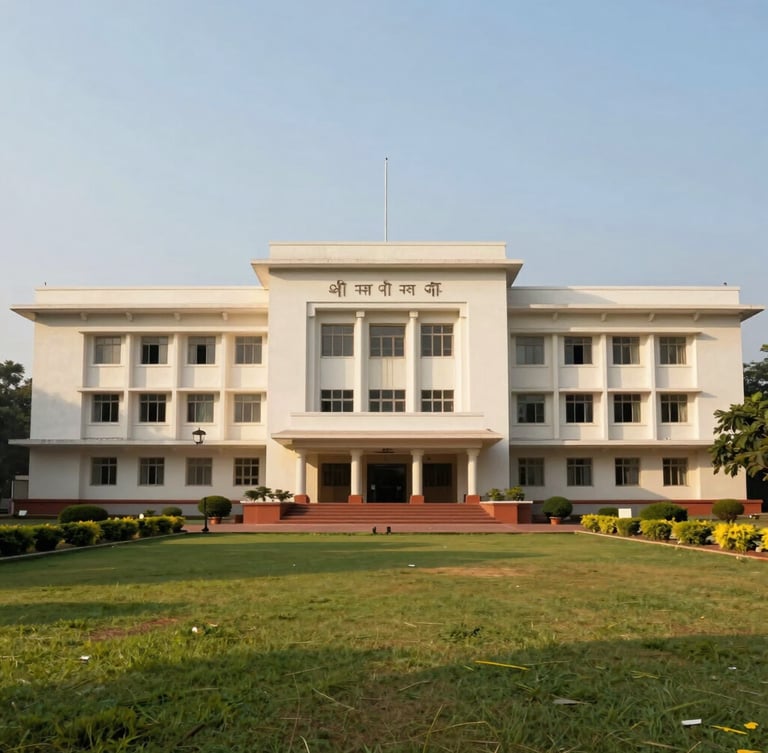 Wide shot of a stately government educational administrative building in India, clean architecture, warm sunlight, manicured lawns in the foreground.