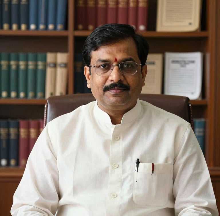 A professional portrait of an educational leader in a formal Indian administrative office, warm natural daylight, bookshelves with official academic publications and gazettes in the background.