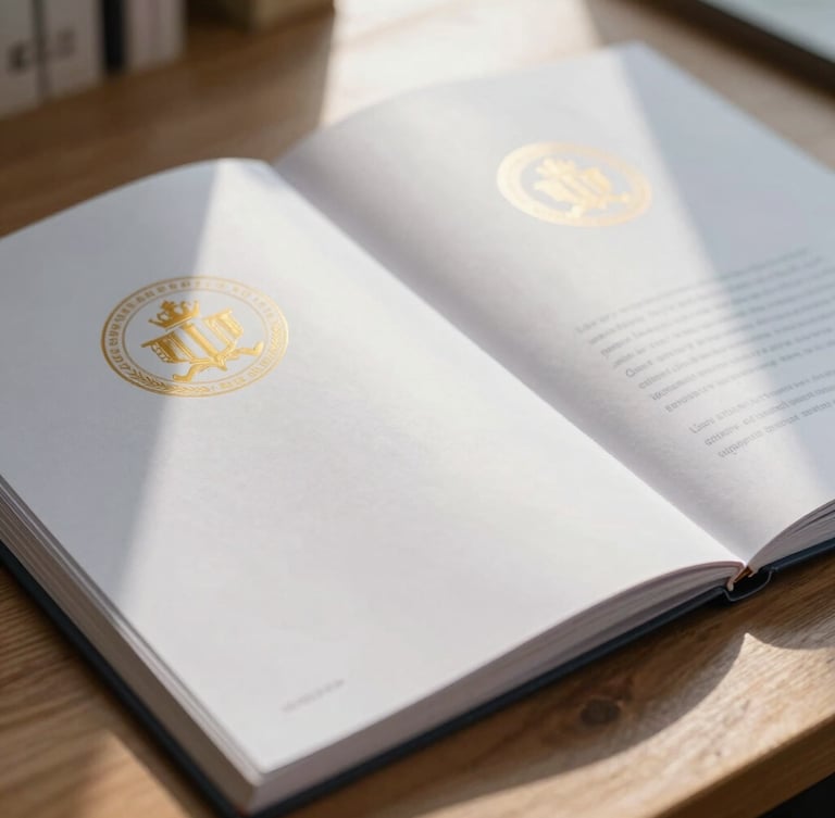 A close-up of printed physical curriculum handbooks with elegant gold emblems on a wooden table, natural morning light.