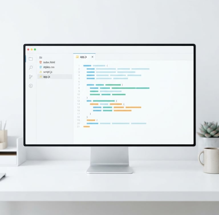 Minimalist high-fidelity UI mockup of a code editor on a crisp white screen, bright high-key studio light, clean workspace setup