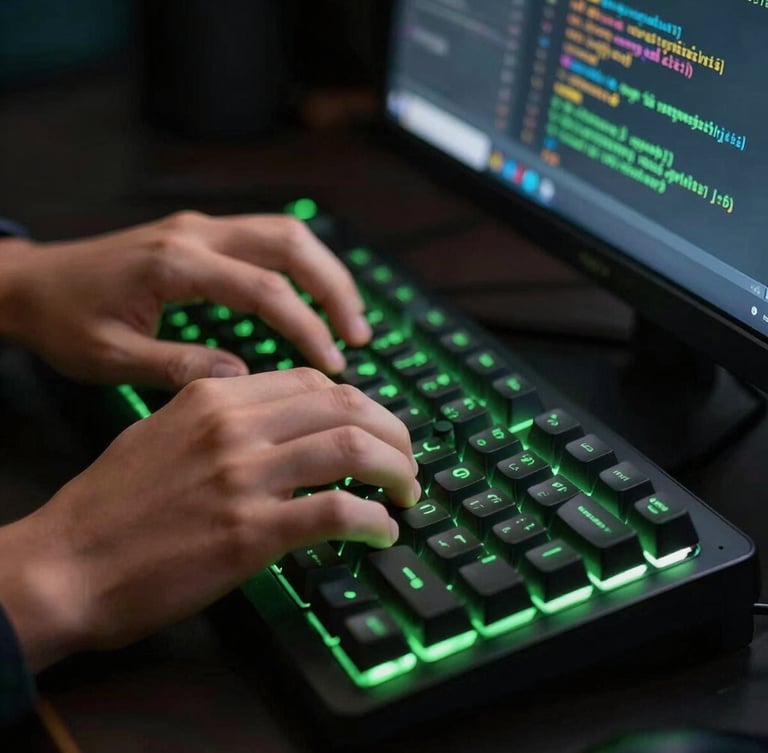 Close-up action shot of a teenager's hands typing code on a mechanical keyboard, illuminated by the vibrant green glow of a screen, sharp focus, dark background.