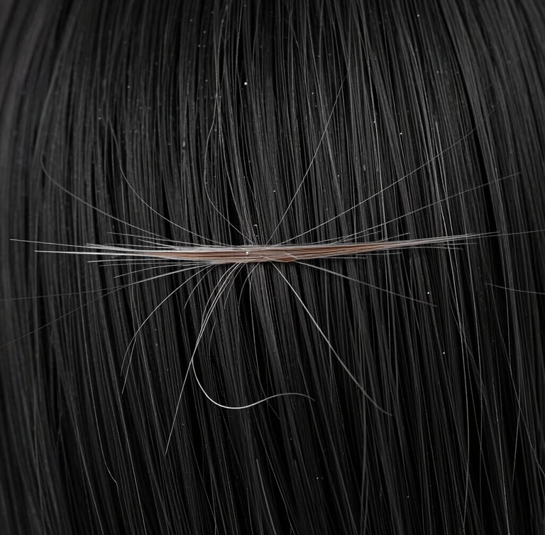 Macro photography of a damaged hair fiber before treatment, showing lifted cuticles and depleted lipid barrier, contrasted with a healthy, smooth hair fiber after TMT Cosmetics treatment, under high-contrast clinical lighting.