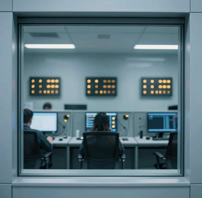 Portrait framing, clean architectural shot of a modern security operations center, cool desaturated blue tones, amber indicators, shallow depth of field, 35mm.