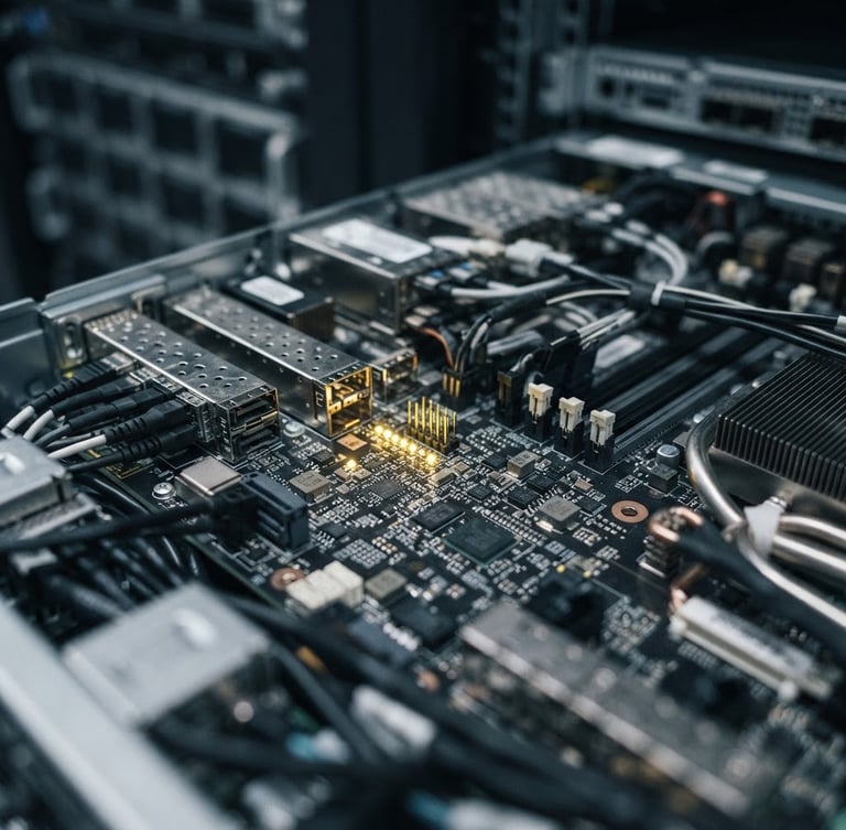Macro close-up of high-end server infrastructure, cool desaturated tones, sharp gold indicator lights, shallow depth of field, 35mm