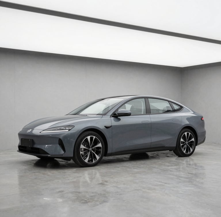 A clean slate-gray modern sedan parked on a polished concrete floor inside a minimalist warehouse bay, crisp overcast daylight, sharp 50mm lens