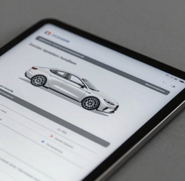 Detailed close-up of a digital tablet displaying an official automotive condition report with structural diagrams, neutral slate background, crisp lighting