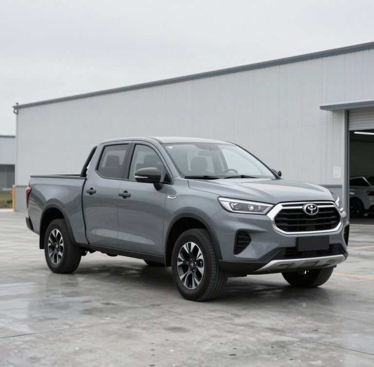 A clean modern slate-gray utility truck parked on a polished concrete bay inside a minimalist warehouse, crisp overcast daylight, sharp 50mm lens focus