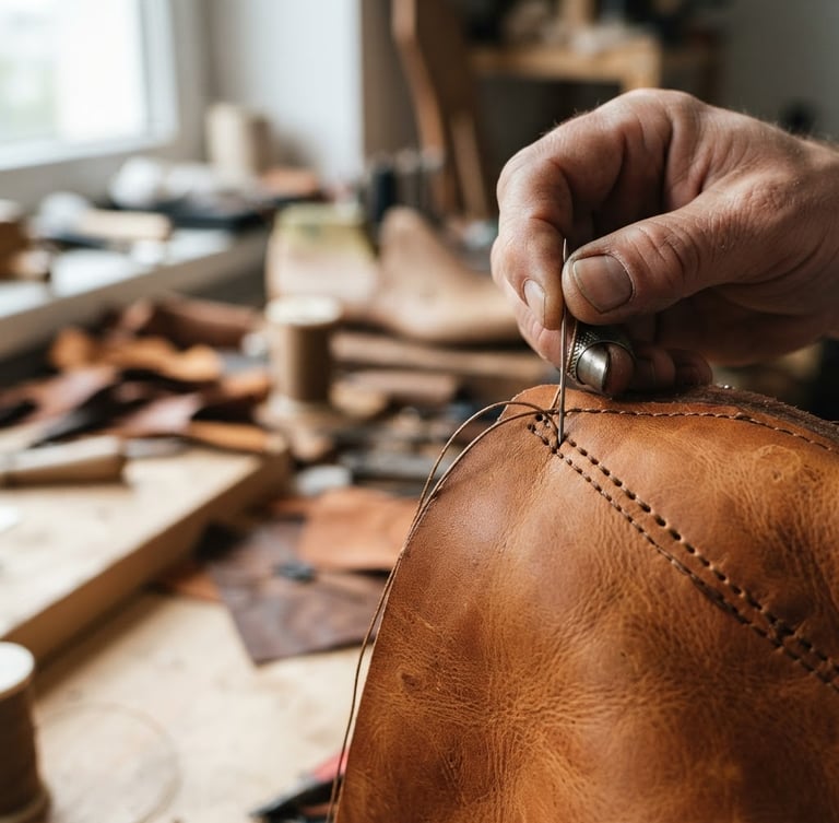 Close-up of a skilled hand guiding a needle through thick, tan leather stitching on a shoe upper, natural workshop light, rich leather tones, sharp focus, generous negative space on the left.