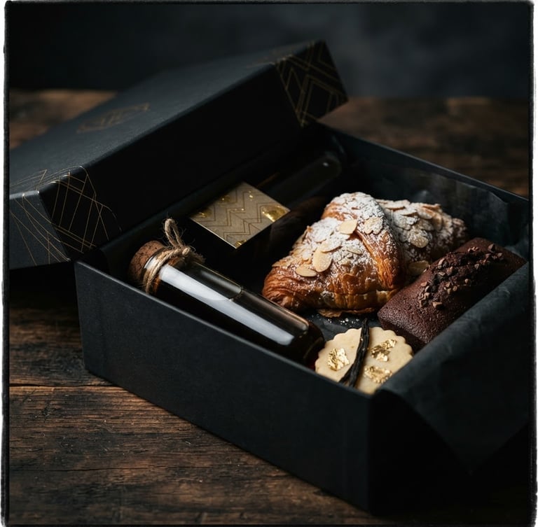 Macro shot of a luxury matte black corporate gift box with gold foil branding, partially open to reveal artisanal pastries and a glass vial of cold brew coffee, dramatic side-lighting highlighting textures