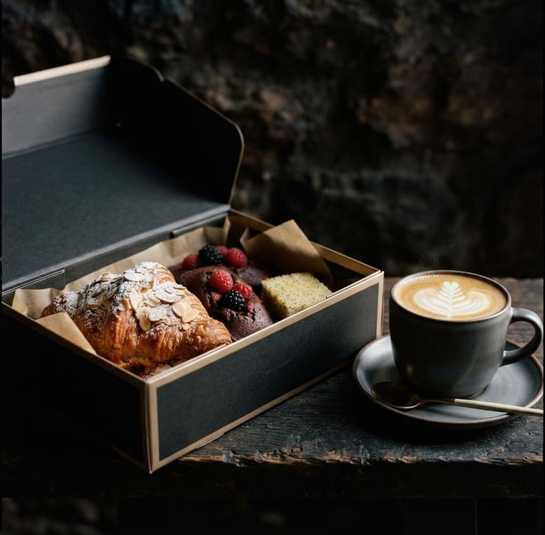 Moody food photography, low-key dramatic side-lighting. A close-up of a meticulously styled gourmet box with artisanal pastries and fresh coffee, champagne gold accents, deep graphite background.