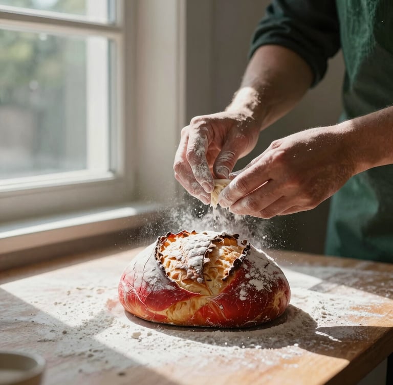 A baker dusting flour over a freshly shaped sourdough loaf, hands covered in flour, soft morning window light, high-contrast shadows.