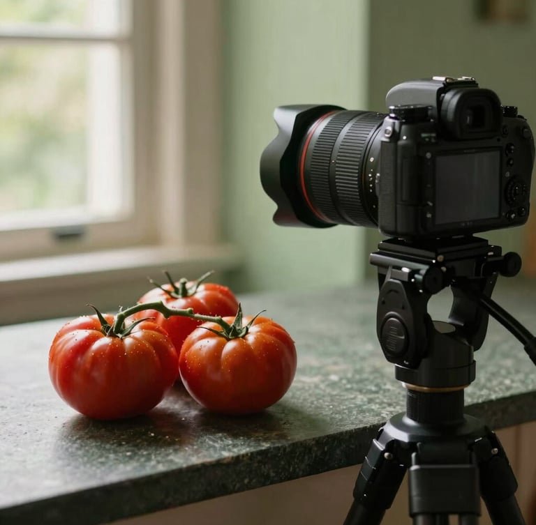 A professional camera setup on a tripod shooting a close-up of heirloom tomatoes on a dark stone counter, warm side lighting, soft green tones.