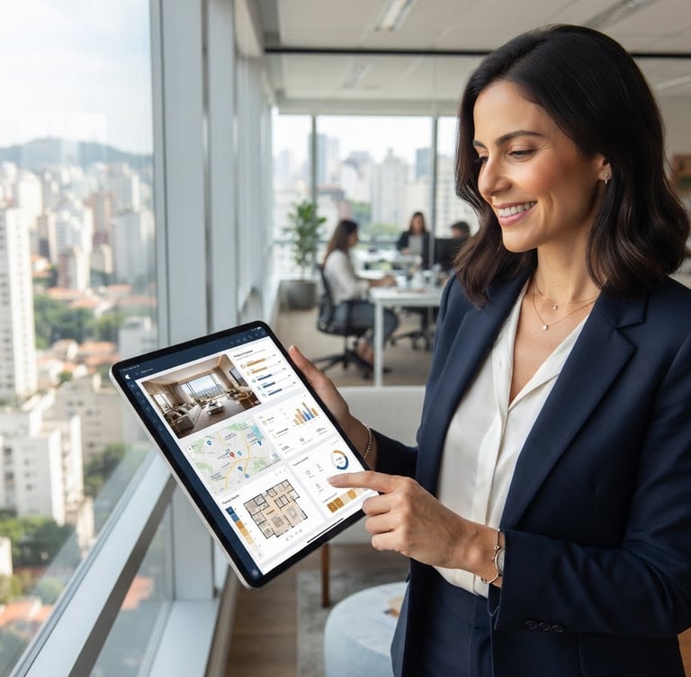 Modern digital interface on a tablet held by a real estate agent in a bright São Paulo office, clean angles, natural daylight, professional corporate photography