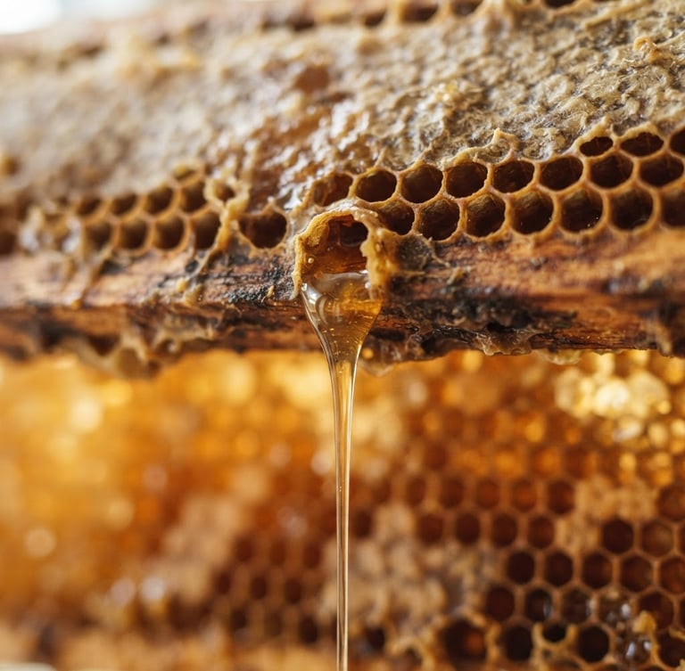 Macro close-up of golden honey dripping from a wooden comb, soft morning window light, rich amber tones, shallow depth of field