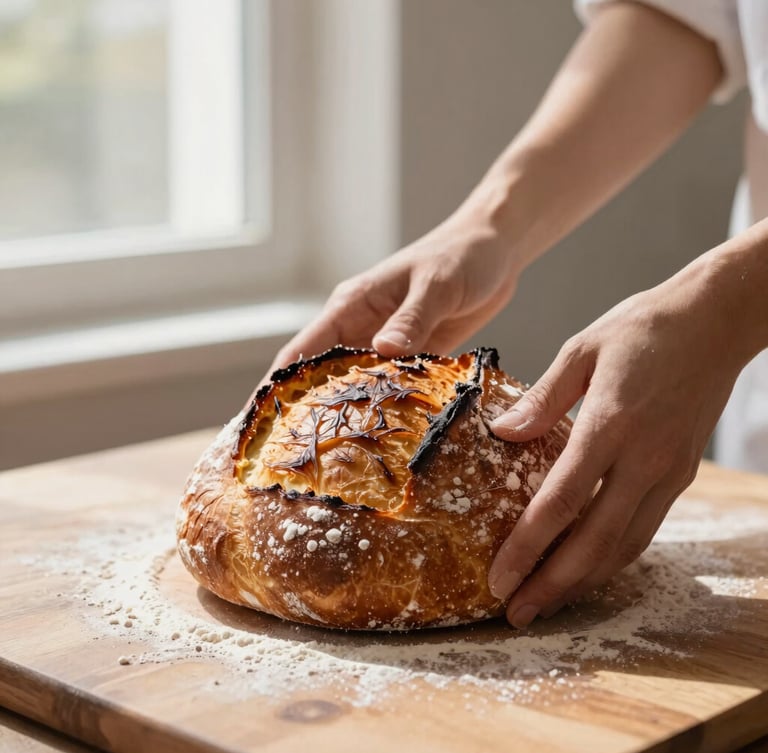 Hands of the baker dusting flour over a deeply caramelized sourdough boule on a wooden table, soft side-lit window daylight, high contrast