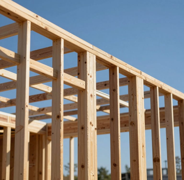 Close-up of a modern residential renovation under construction in New Jersey, showing exposed clean structural wood framing against a bright blue sky, natural daylight