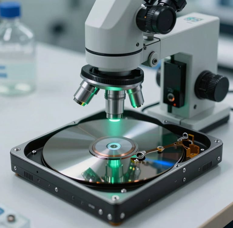 Primer plano macro de un plato de disco duro desmontado bajo la lente de un microscopio en un laboratorio estéril, iluminación verde neón y azul eléctrico.