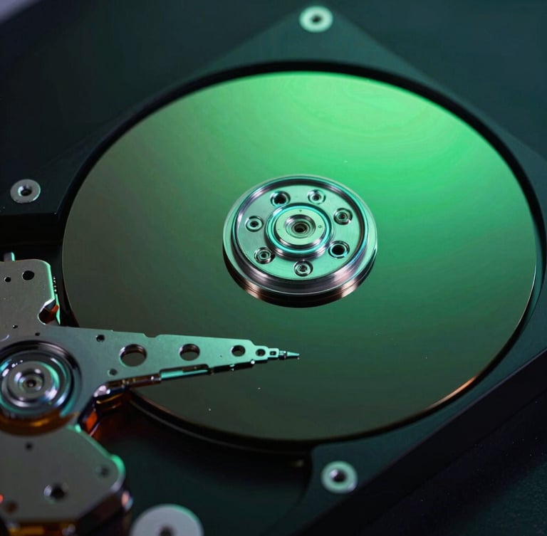 Macro close-up of a disassembled hard drive platter in a cleanroom laboratory, glowing neon green and cyan edge-lighting, high-contrast dramatic lighting, technical atmosphere.
