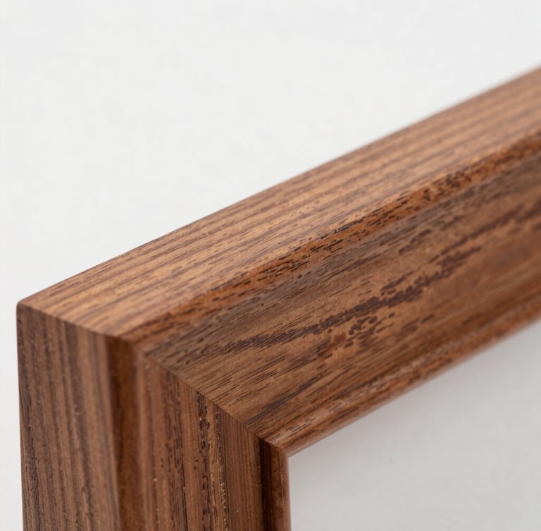 Close-up of a hand-assembled wooden photo frame, rich wood grain details, macro shot, soft studio lighting
