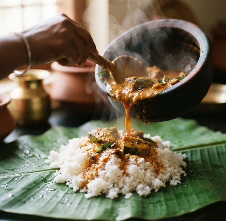 Close-up macro shot of steaming regional curry poured over white rice on a fresh banana leaf, warm morning window light, shallow depth of field, 35mm