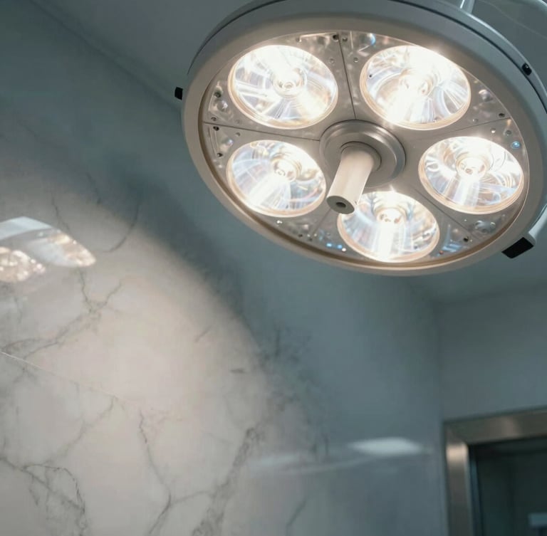 Extreme close-up of a high-CRI clinical light reflecting off polished marble and clean steel surfaces in a sterile clinic lobby