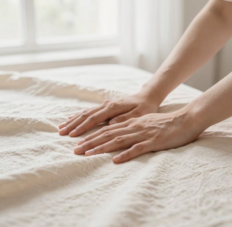 A practitioner's hands resting gently on a soft cream linen fabric, warm morning light filtering through a window, serene atmosphere