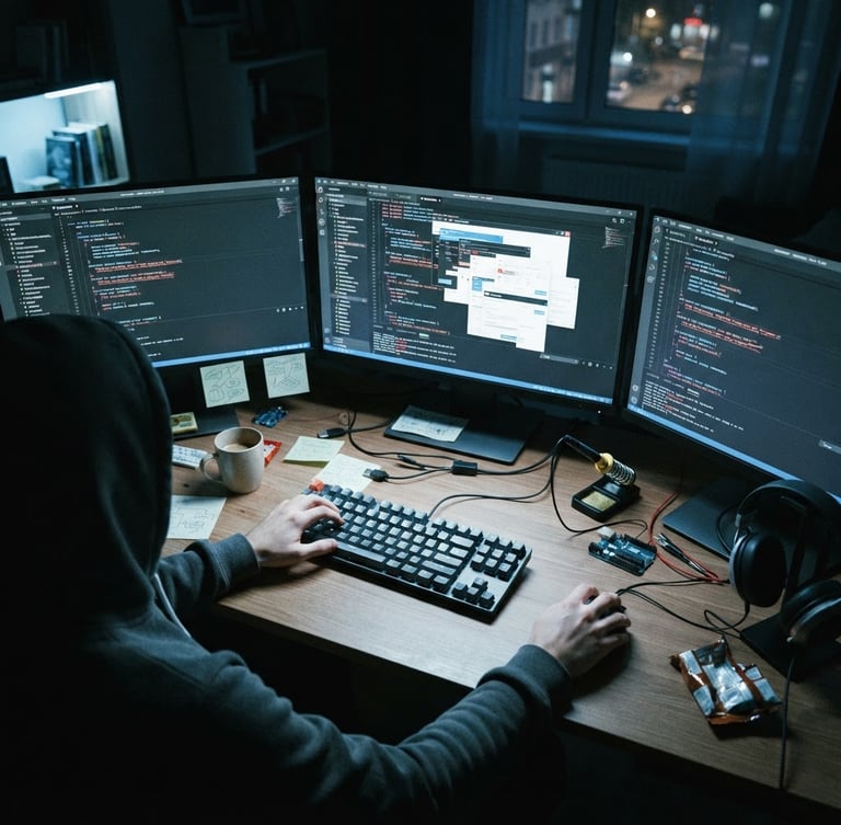 High-angle shot of a developer's desk at night, multiple monitors displaying code editors with syntax errors and a messy UI component, mechanical keyboard, strong harsh screen glow illuminating hands, dim ambient room light, realistic 35mm film grain.