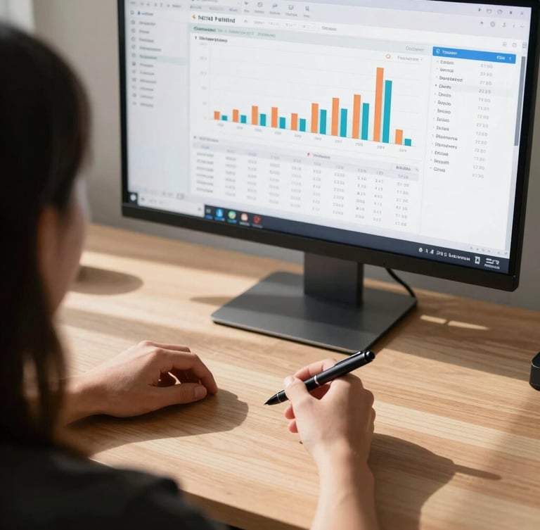 Over-the-shoulder view of a clean financial dashboard on a sleek monitor, natural morning light casting sharp shadows across a minimalist oak desk, hands holding a tactile black pen, high contrast daylight, modern workspace.