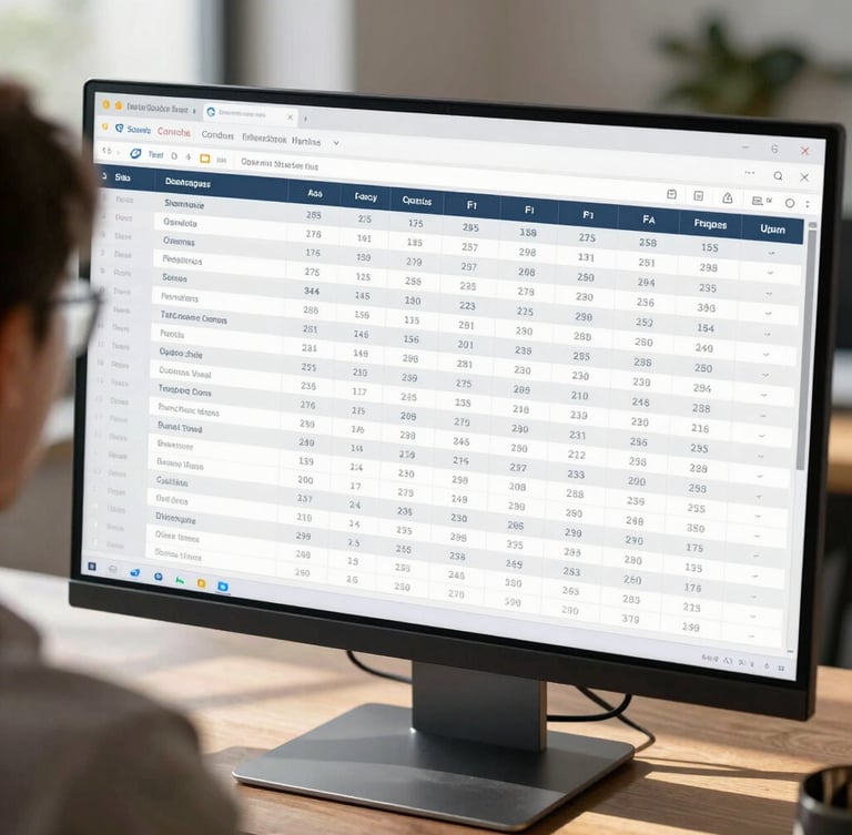 Over-the-shoulder view of a clean, structured financial dashboard on a modern display, bright natural daylight, sharp shadows, focusing on precise tabular data.