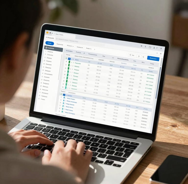 An over-the-shoulder close-up of collaborative work, showcasing a clean financial modeling dashboard on a laptop screen with natural daylight casting soft shadows.