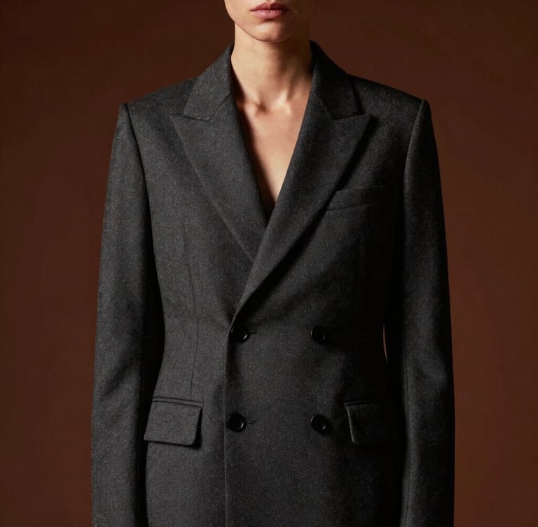 Editorial fashion shot of a model in a sharp, structured obsidian-toned ready-to-wear garment, dramatic directional studio key light, rich warm undertones, sharp focus