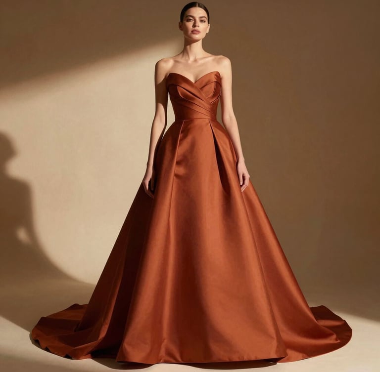 Low-angle heroic full-body shot of a model wearing a highly structured terracotta bridal gown, dramatic natural light casting golden hour shadows, medium format editorial fashion photography