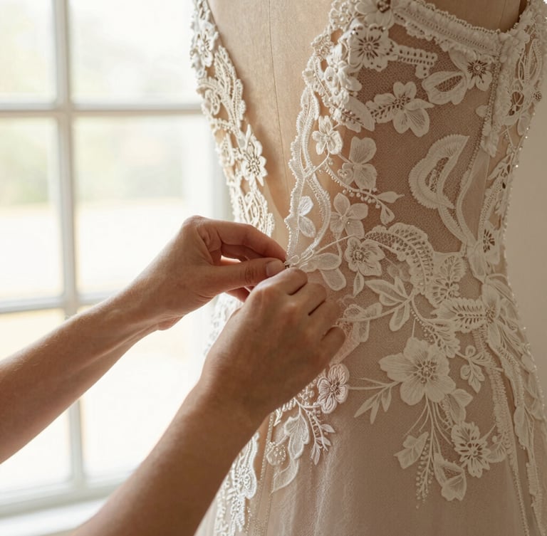 Close-up of a stylist's hands adjusting delicate lace on a bridal gown during a fitting, warm natural window light, elegant depth of field, ivory and champagne tones, 35mm