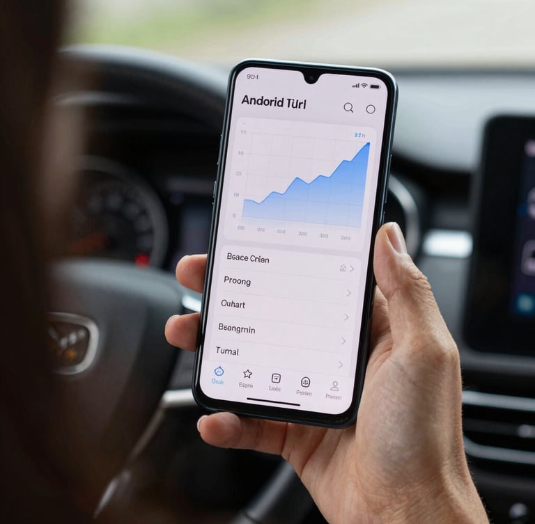 Over-the-shoulder perspective of a hand holding a modern Android phone in natural daylight, showing a clean dashboard interface with high-contrast data graphs.