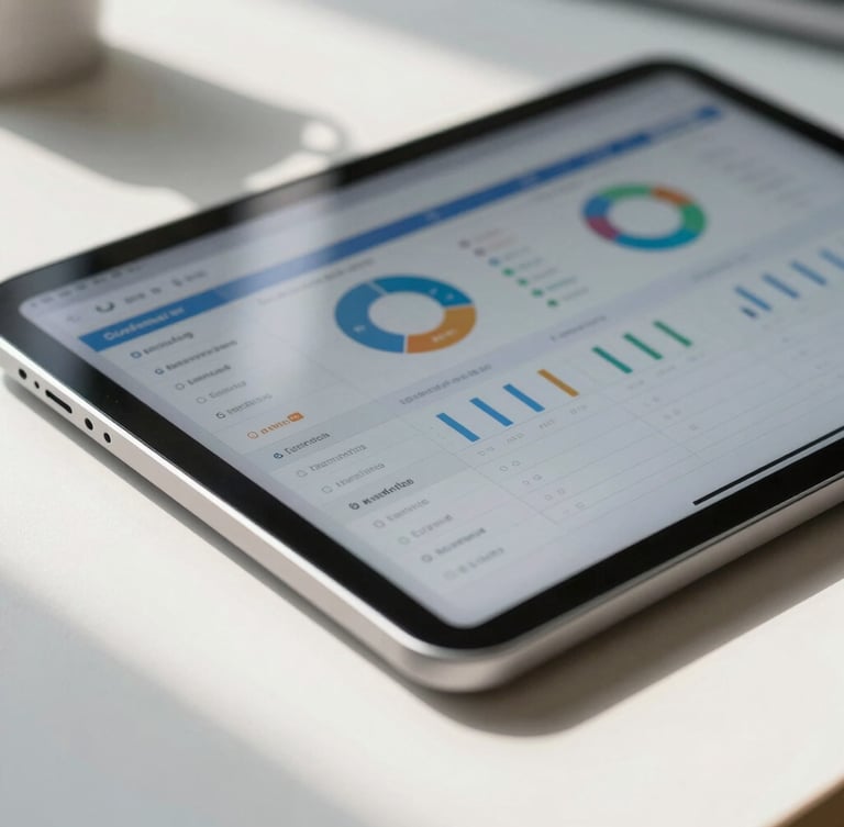 Close-up macro shot of a physical Android tablet resting on a clean slate worktable, displaying a high-fidelity business dashboard with precise data visualization, natural daylight casting soft shadows.